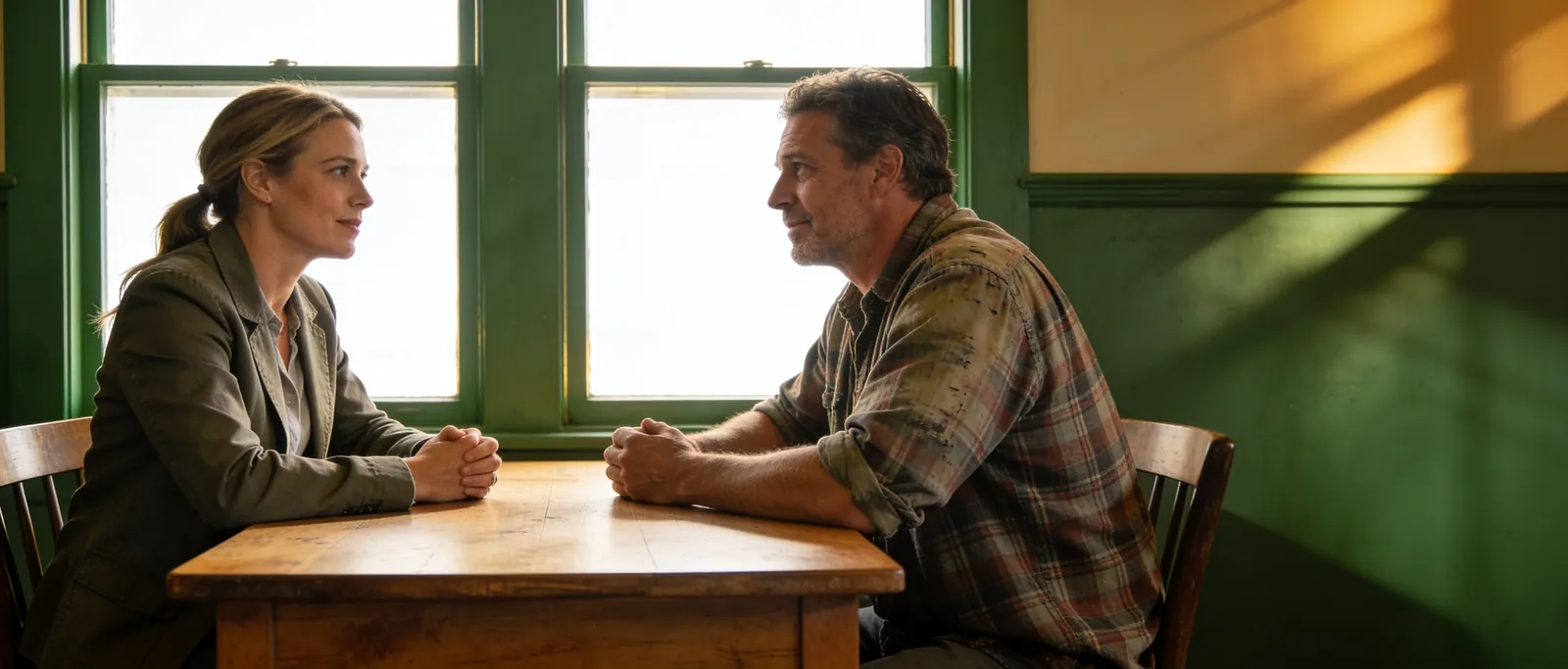 An advisor talking with a relieved small-business owner across a table
