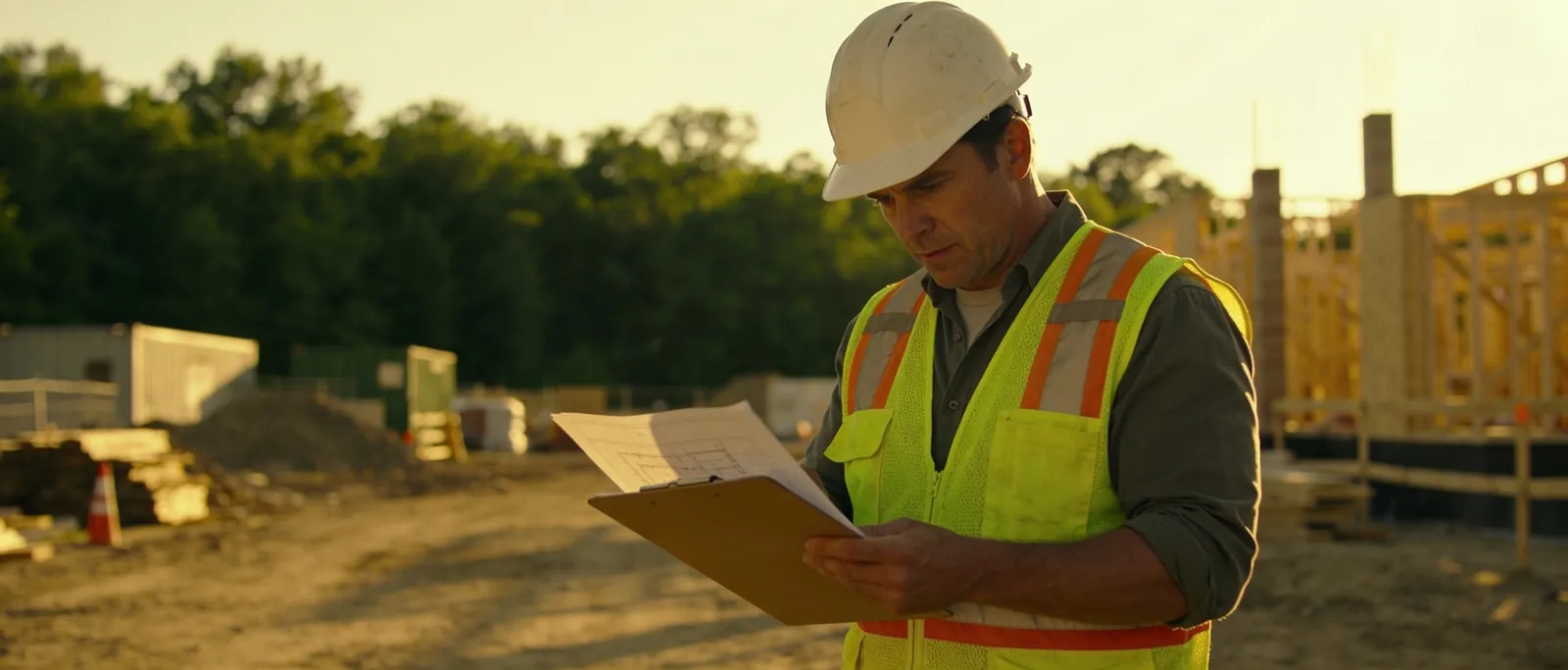 A contractor reviewing plans on a job site