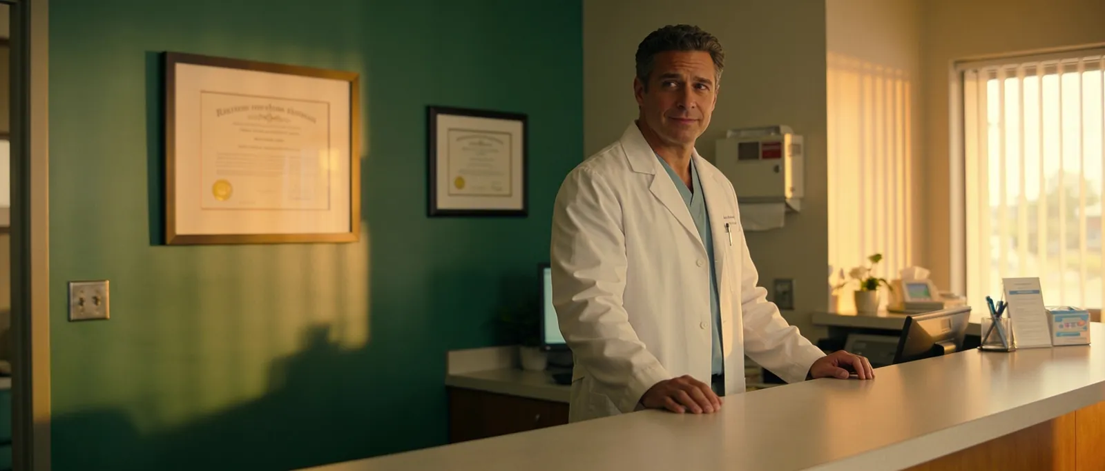 A practice owner at the front desk of a medical or dental office