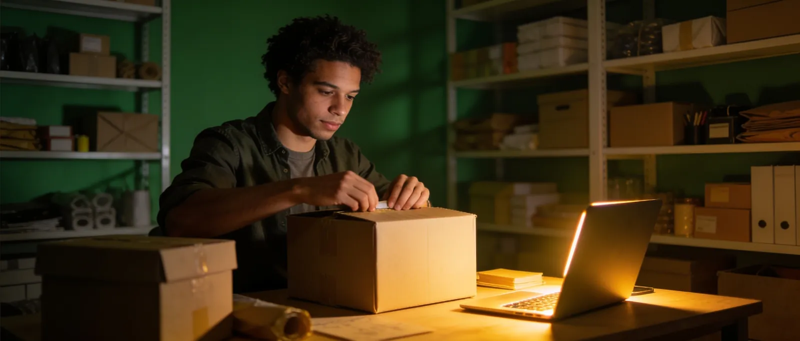 An e-commerce seller packing orders in a stockroom