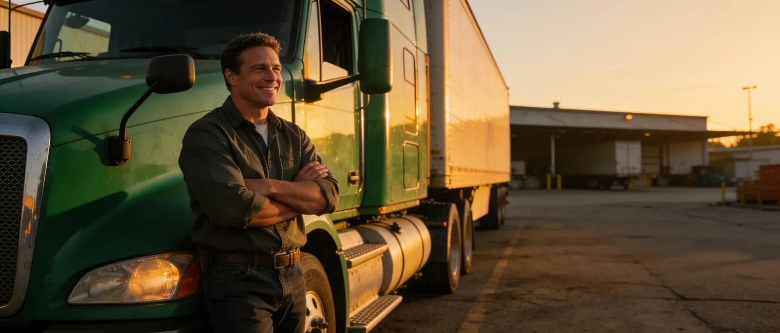 An owner-operator standing by their semi-truck at a depot