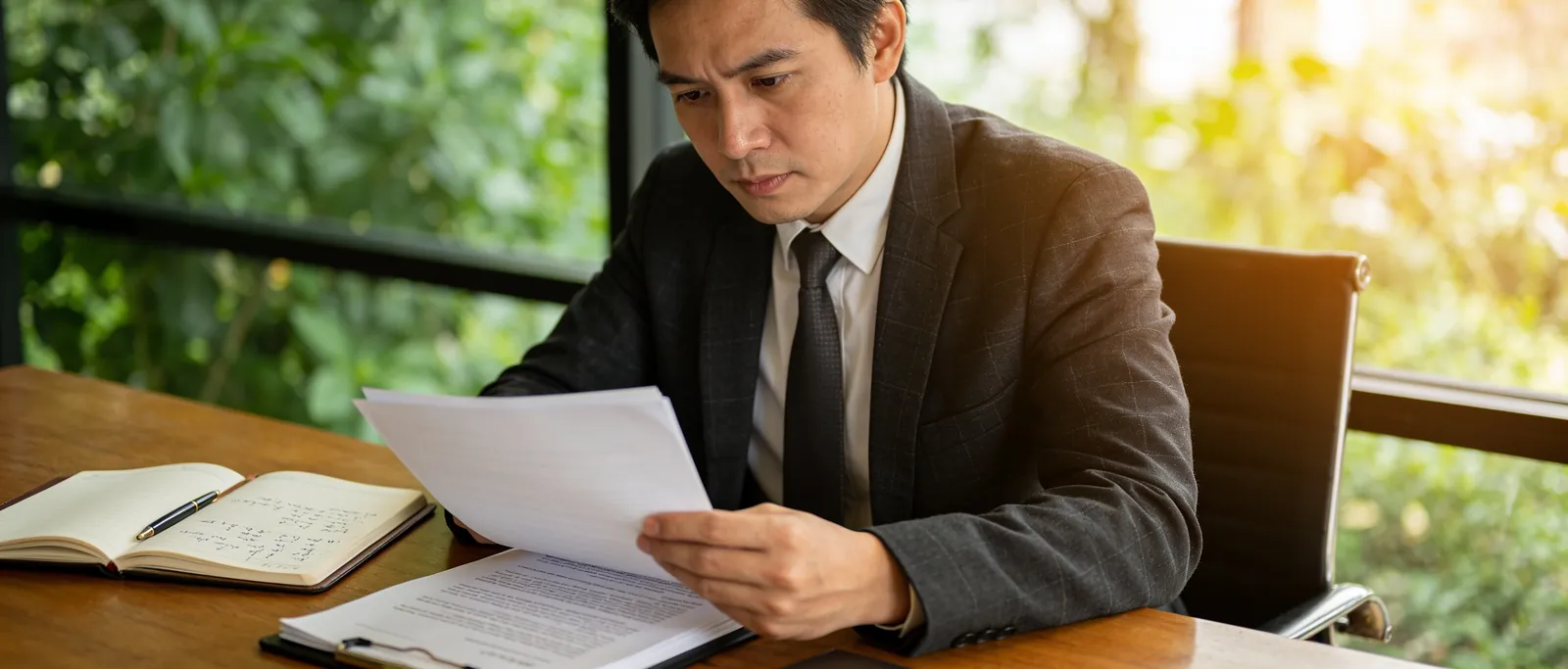 A composed business owner reviewing legal documents