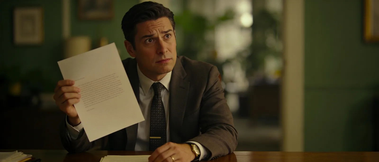 A business owner skeptically reviewing an offer letter